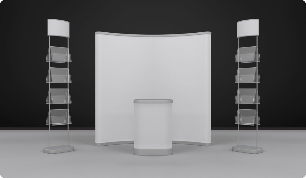 plain exhibition pop-up stand with counter and literature stands