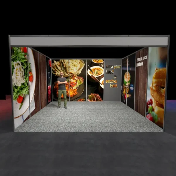 4x4m shell scheme graphics with 3 walls - front view with person