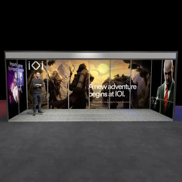 6x2m shell scheme graphics with 3 walls - front view with person