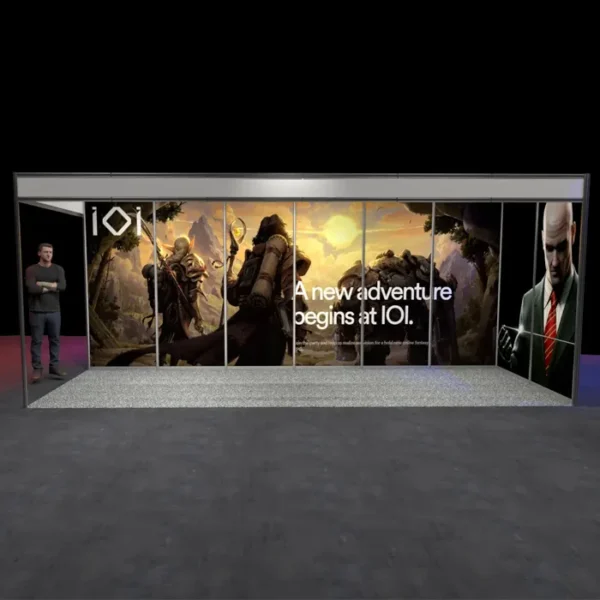 6x2m shell scheme graphics with 2 walls - front view with person