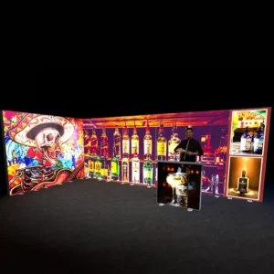 6 x 3m LED Lightbox Package 3 with 2 walls and LED lightbox counter - front view with person