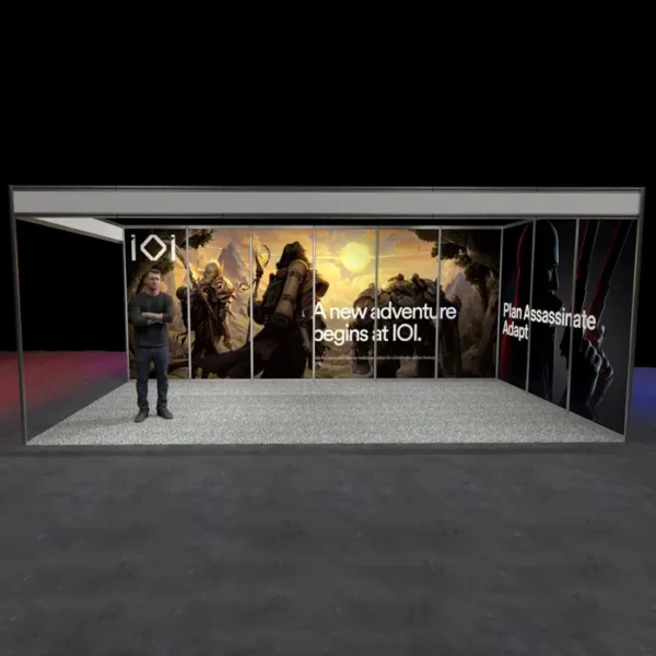 6x3m shell scheme graphics with 2 walls - front view with person